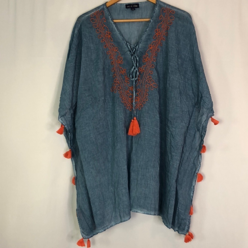 Fig & Vine Woman’s Embroidered Tassels Blue/Orange Tunic Size 1X